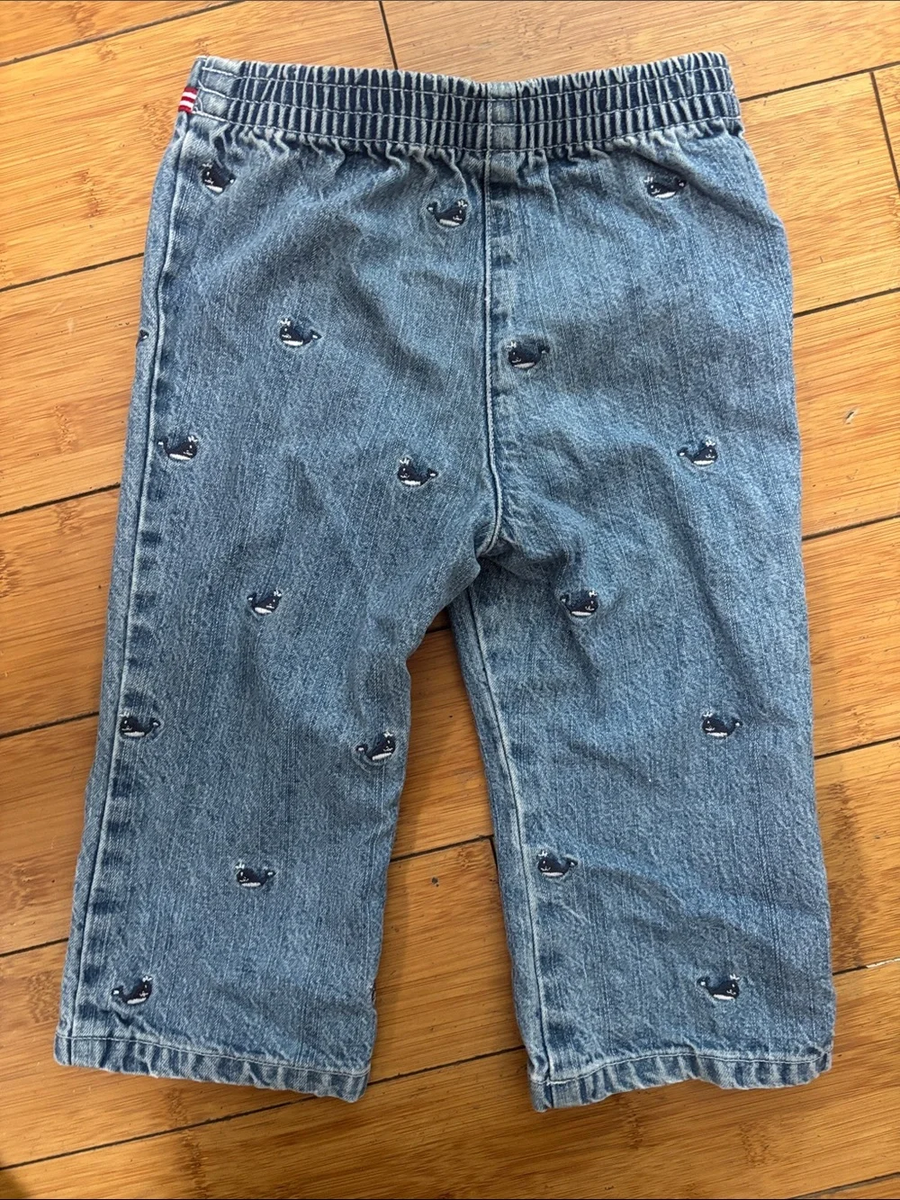 Toddler Whale-Embroidered Denim Jeans with Stripe Waist